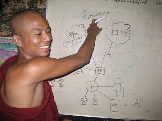 The monastery was leaning towards Avaya, but I had a long talk with the monk in charge of convergence and I convinced him that the AVVID [Cisco’s voice] architecture was more harmonious.  [The diagram on the board is a basic, high-level overview of what we sell]